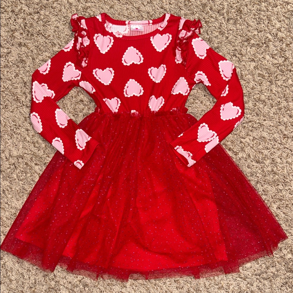 5t girls long sleeve red dress with pink hearts and shiny tulle skirt.